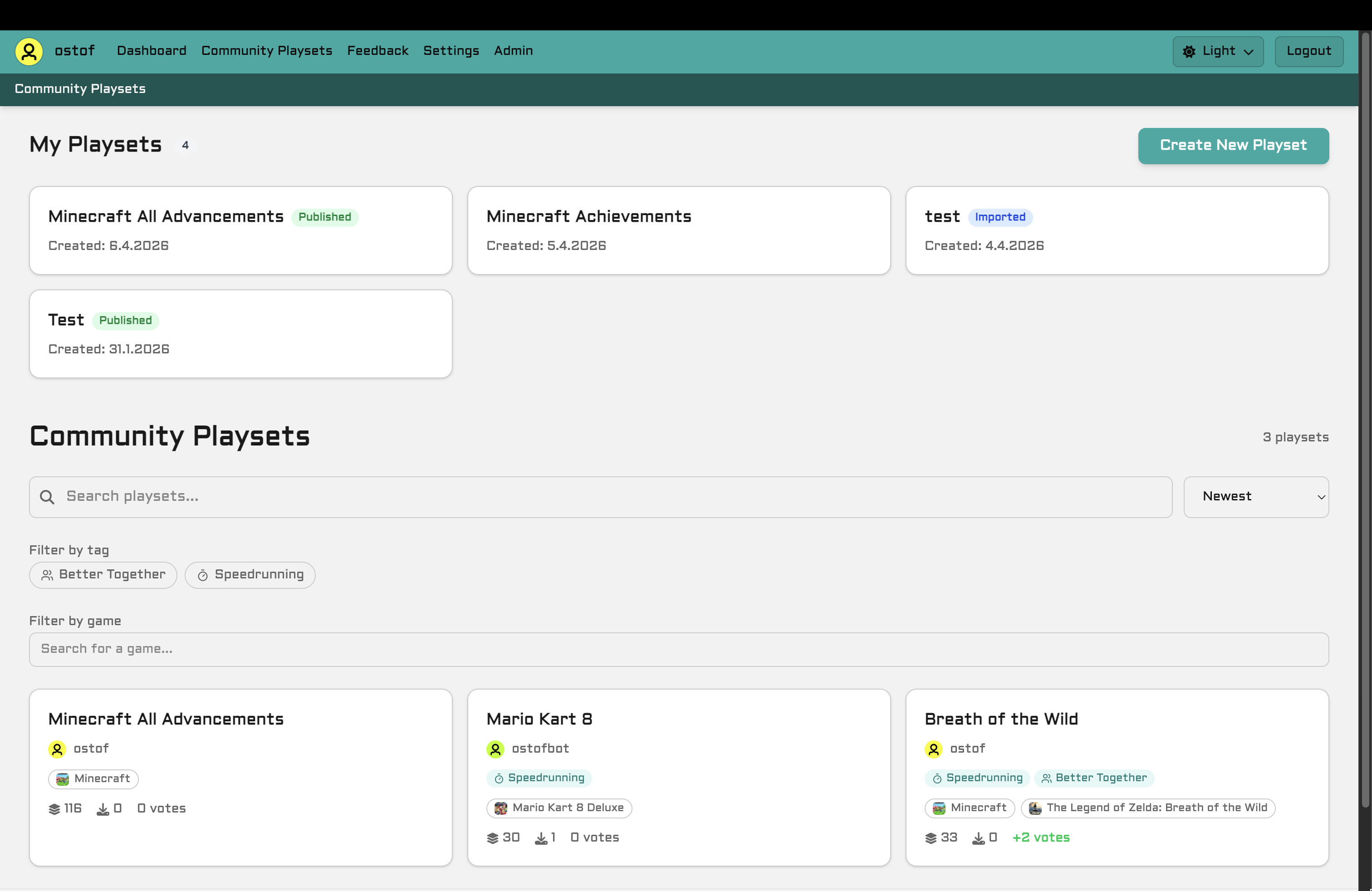 Community playsets browse page with game search and tag filters