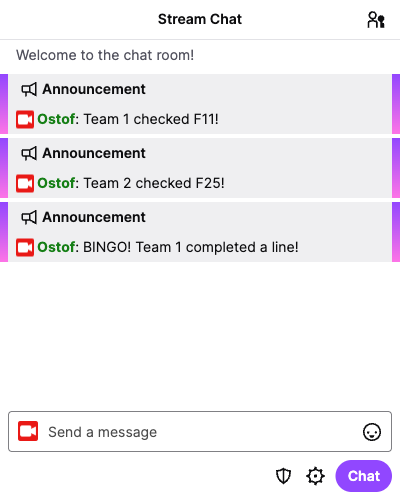 Twitch chat showing bingo announcements